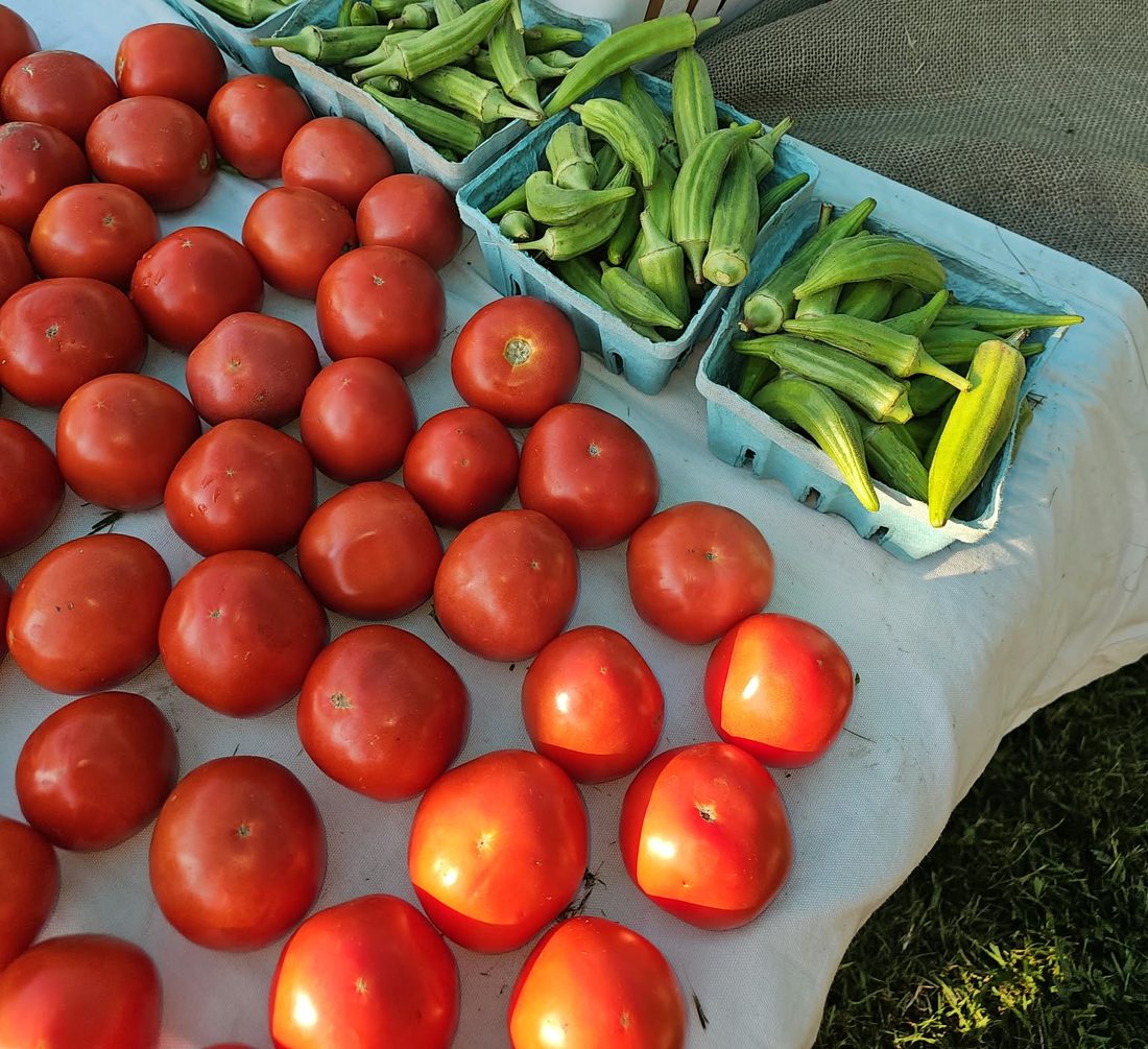 Okra in baskets beside tomatoes